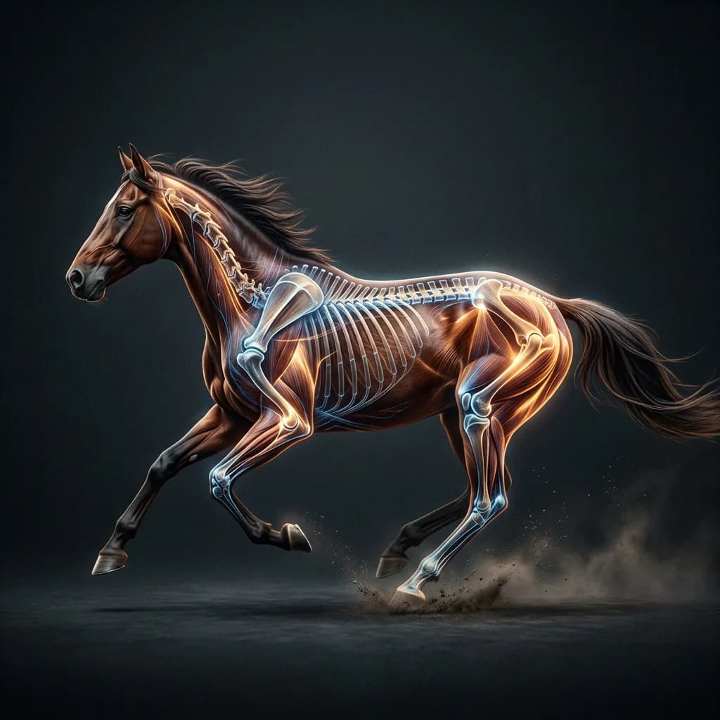Dunkelbraunes Pferd im Galopp mit leuchtenden anatomischen Projektionen von Muskeln und Sehnen auf dem Körper.