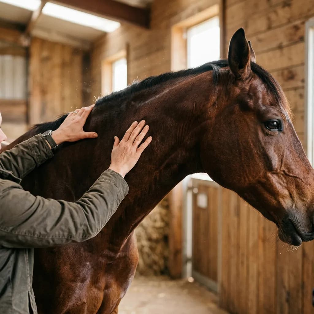 Hände einer Physiotherapeutin massieren den Hals und die Schulter eines entspannten, braunen Pferdes.